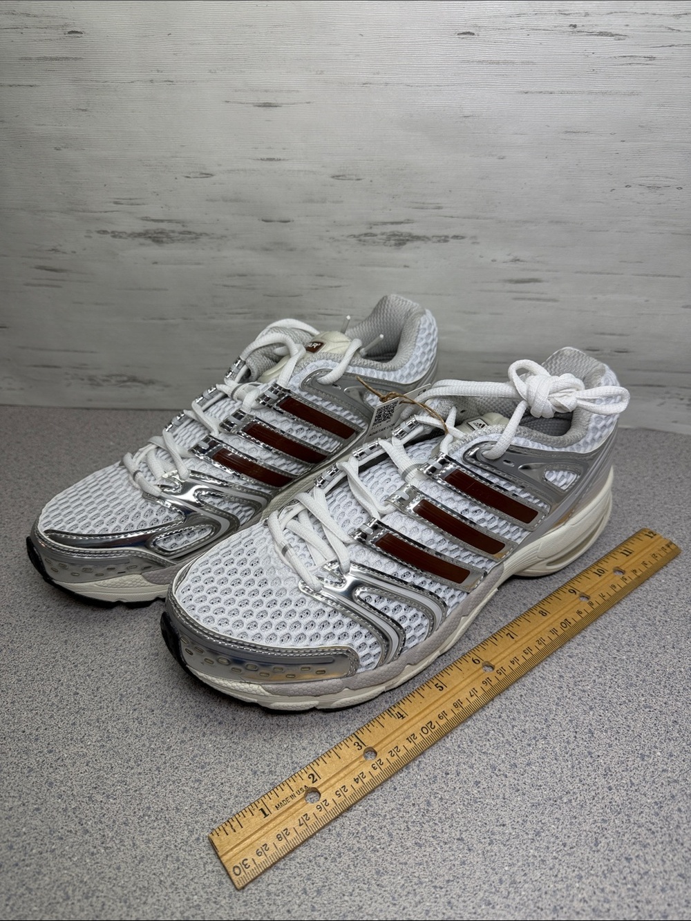 adidas White Mesh Athletic Sneakers with Silver Trim and Brown Stripes
